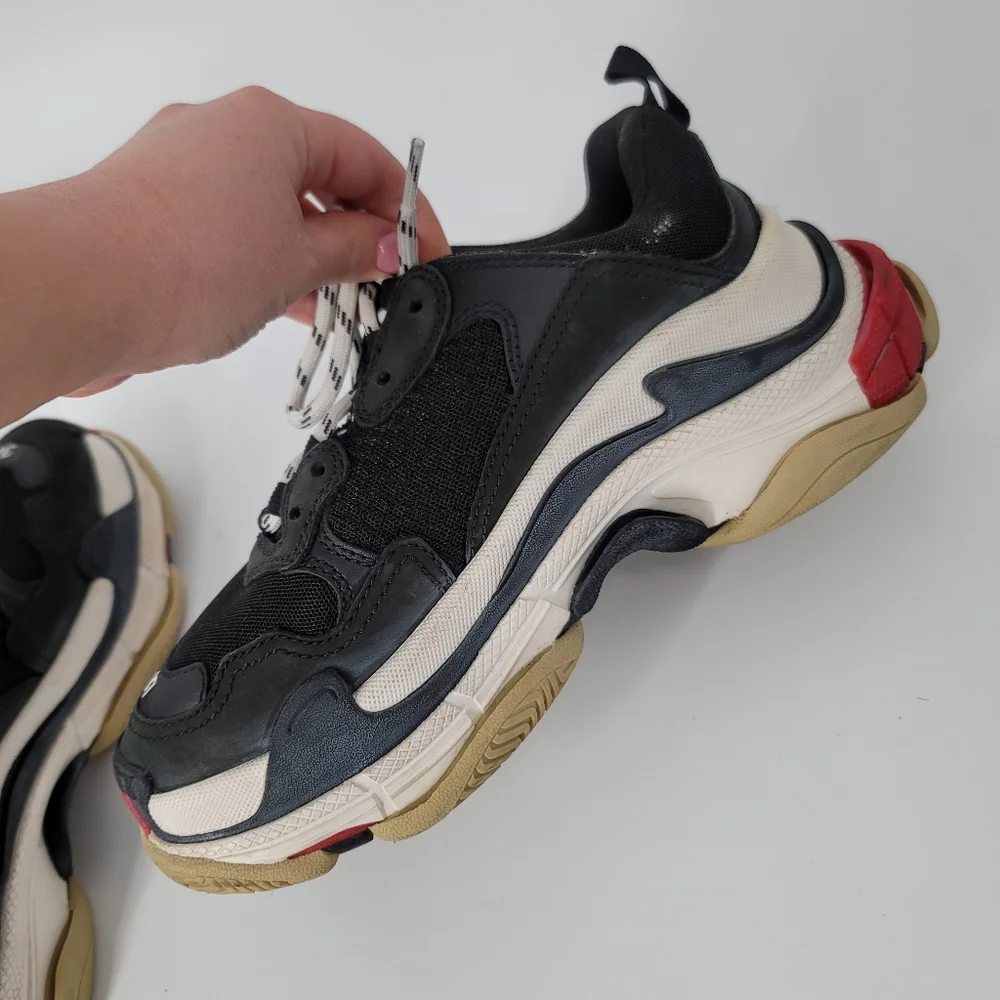 Balenciaga Black Leather Mesh Triple S Sneakers Size 7 HEAVY